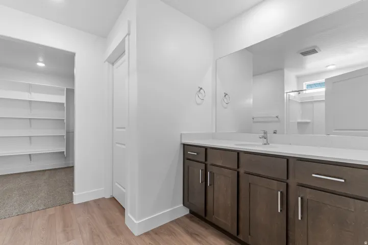 Spacious vanity featuring a single sink and extensive countertop space