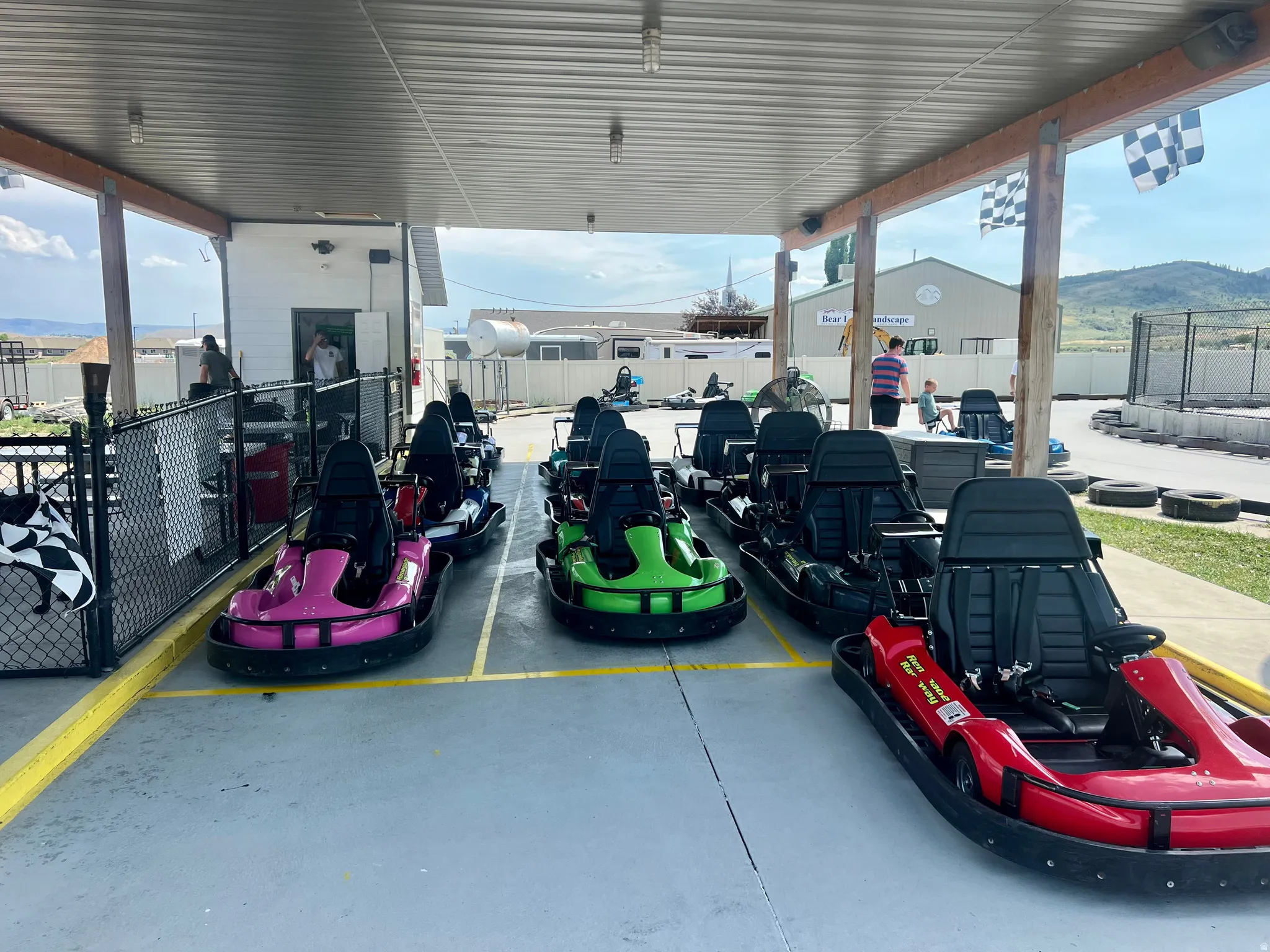 Garage featuring a mountain view