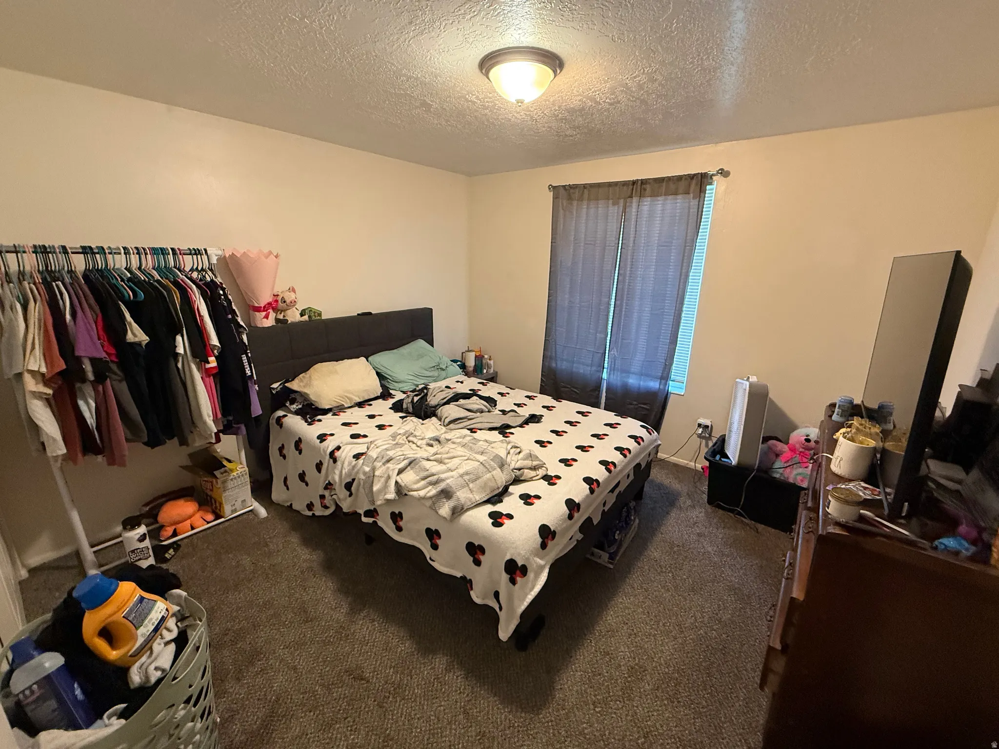 Bedroom with a textured ceiling and carpet flooring