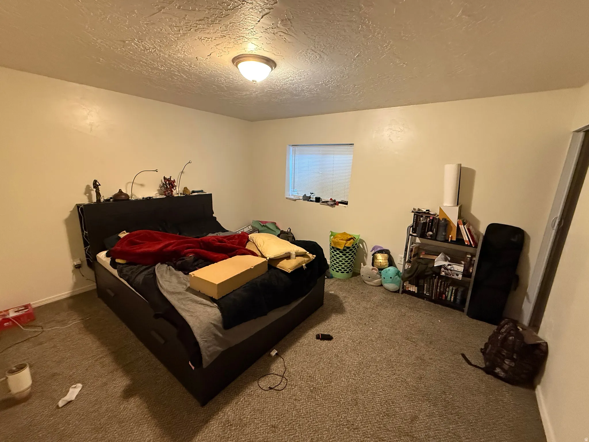 Bedroom with carpet and a textured ceiling