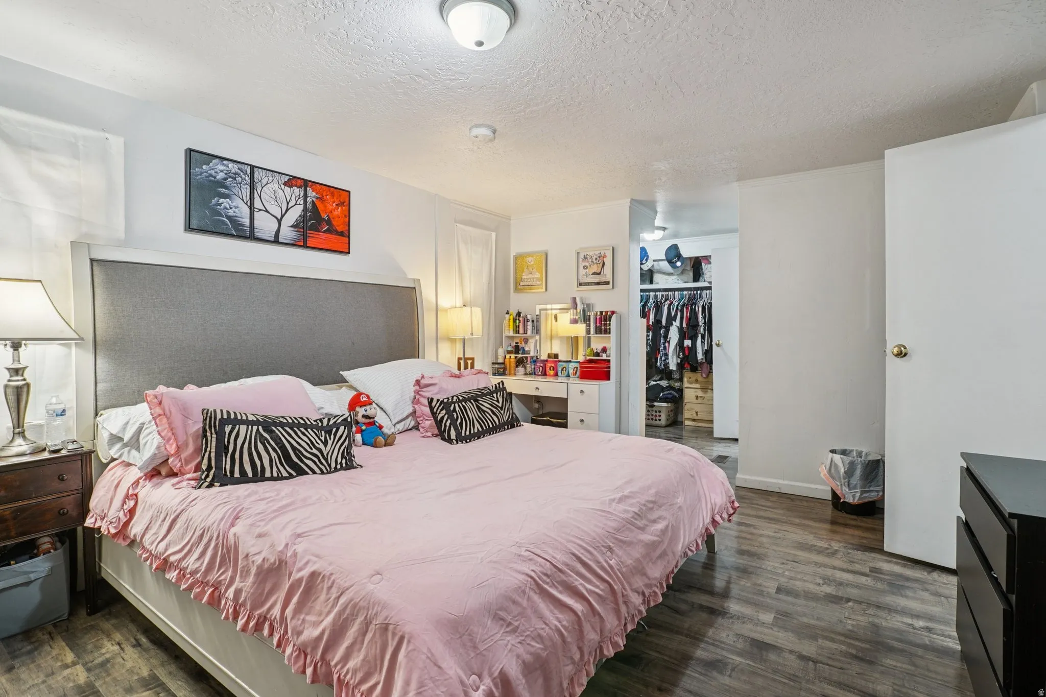 Bedroom featuring dark wood-style flooring, a textured ceiling, and a spacious closet