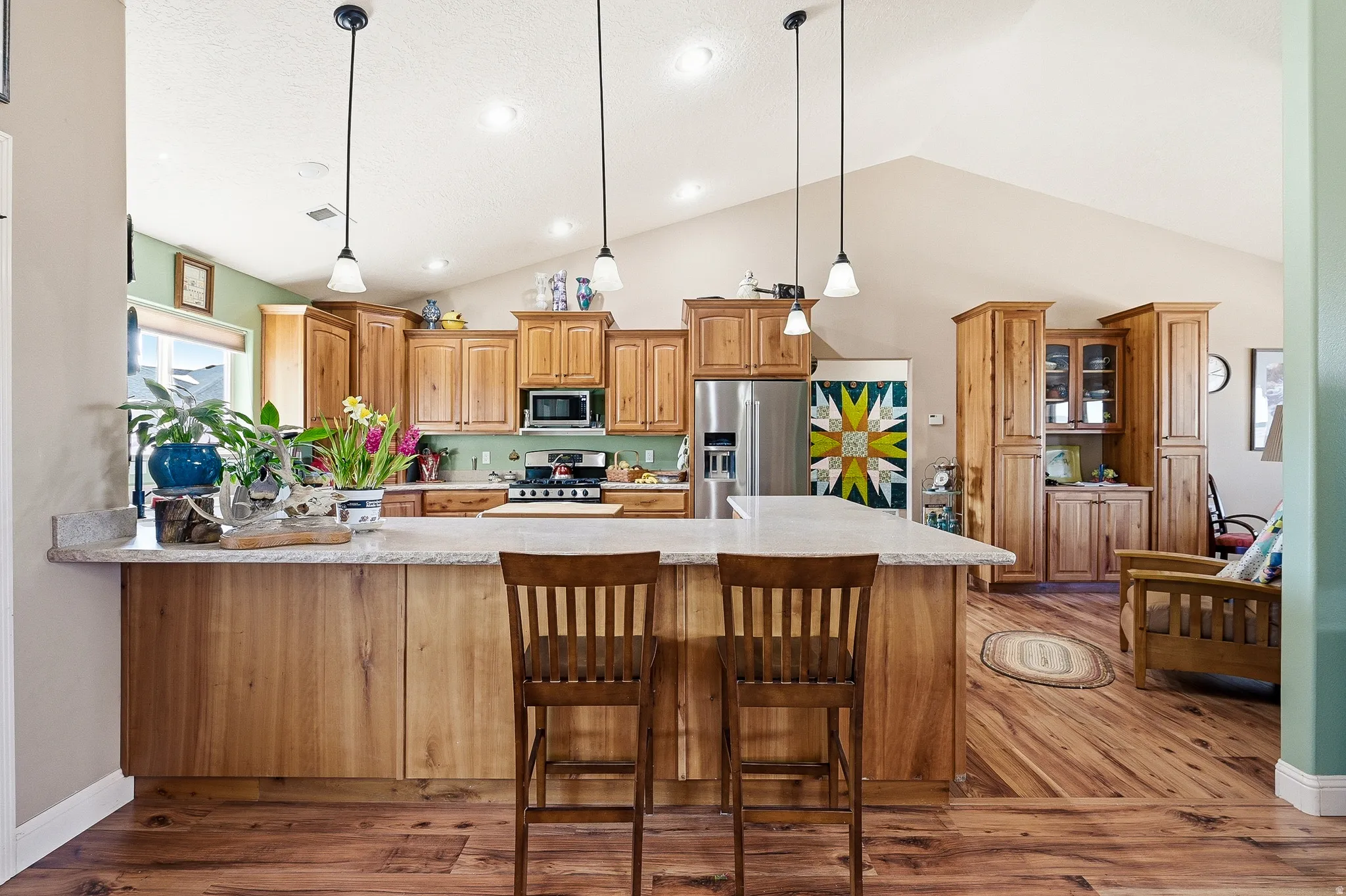 Kitchen featuring a peninsula, stainless steel appliances, wood finish cabinetry, dark wood-type flooring, and lofted ceiling