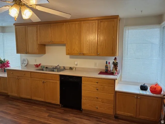 Kitchen with light countertops, black dishwasher, ceiling fan, and dark wood-style floors