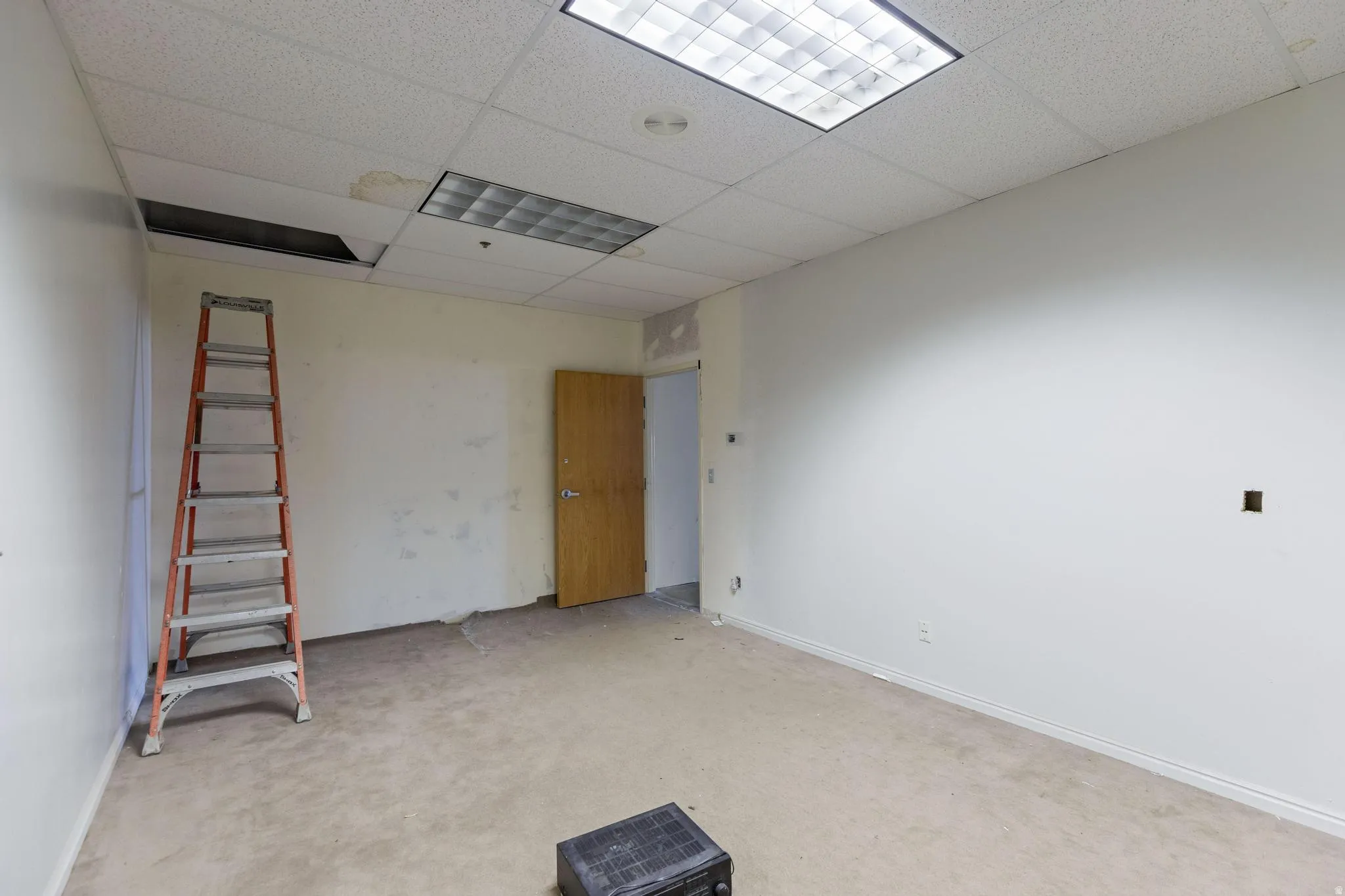 Spare room featuring a drop ceiling and light carpet
