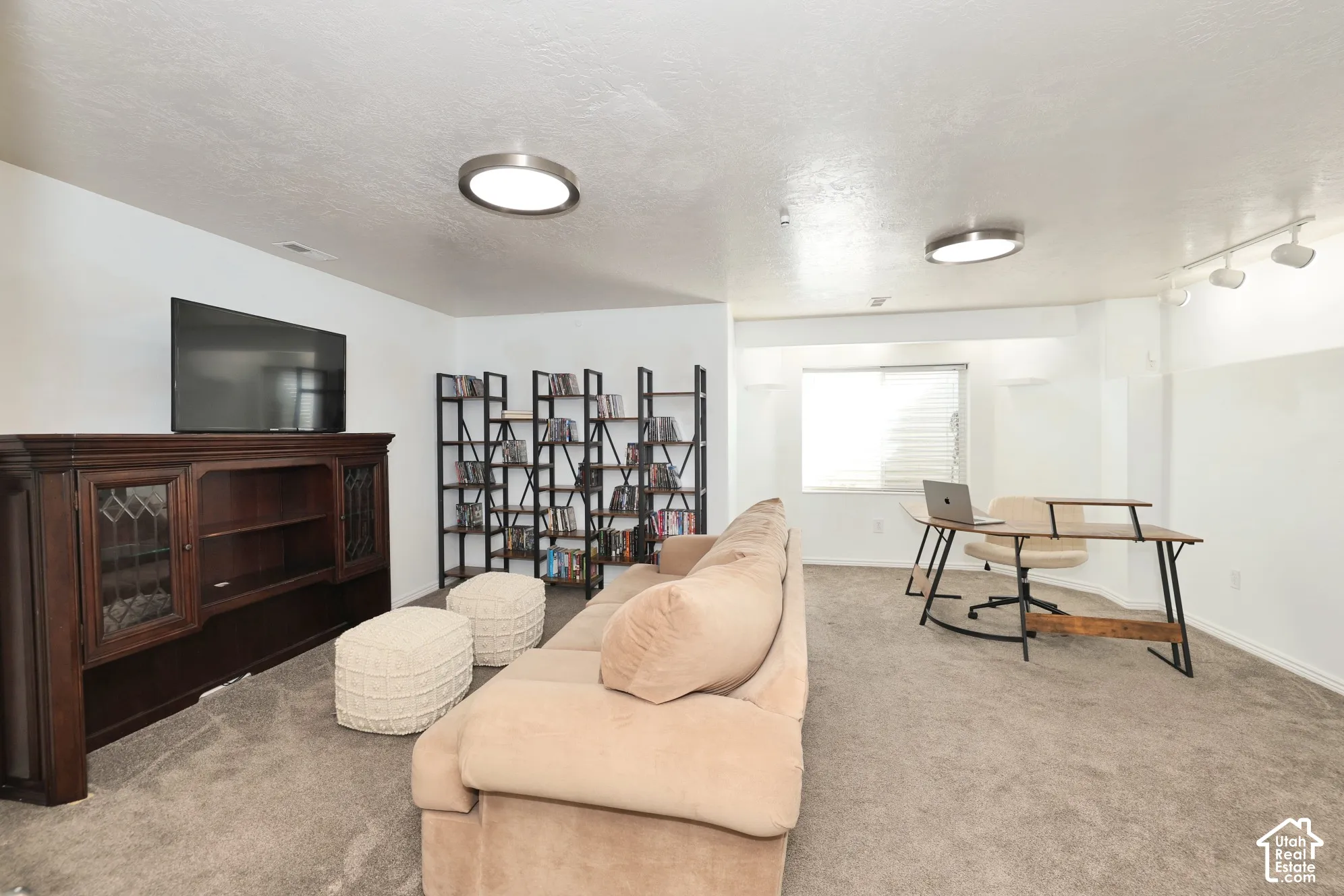 Sitting room featuring carpet floors, a textured ceiling, and rail lighting