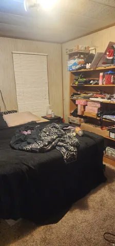 Bedroom featuring wooden walls and carpet