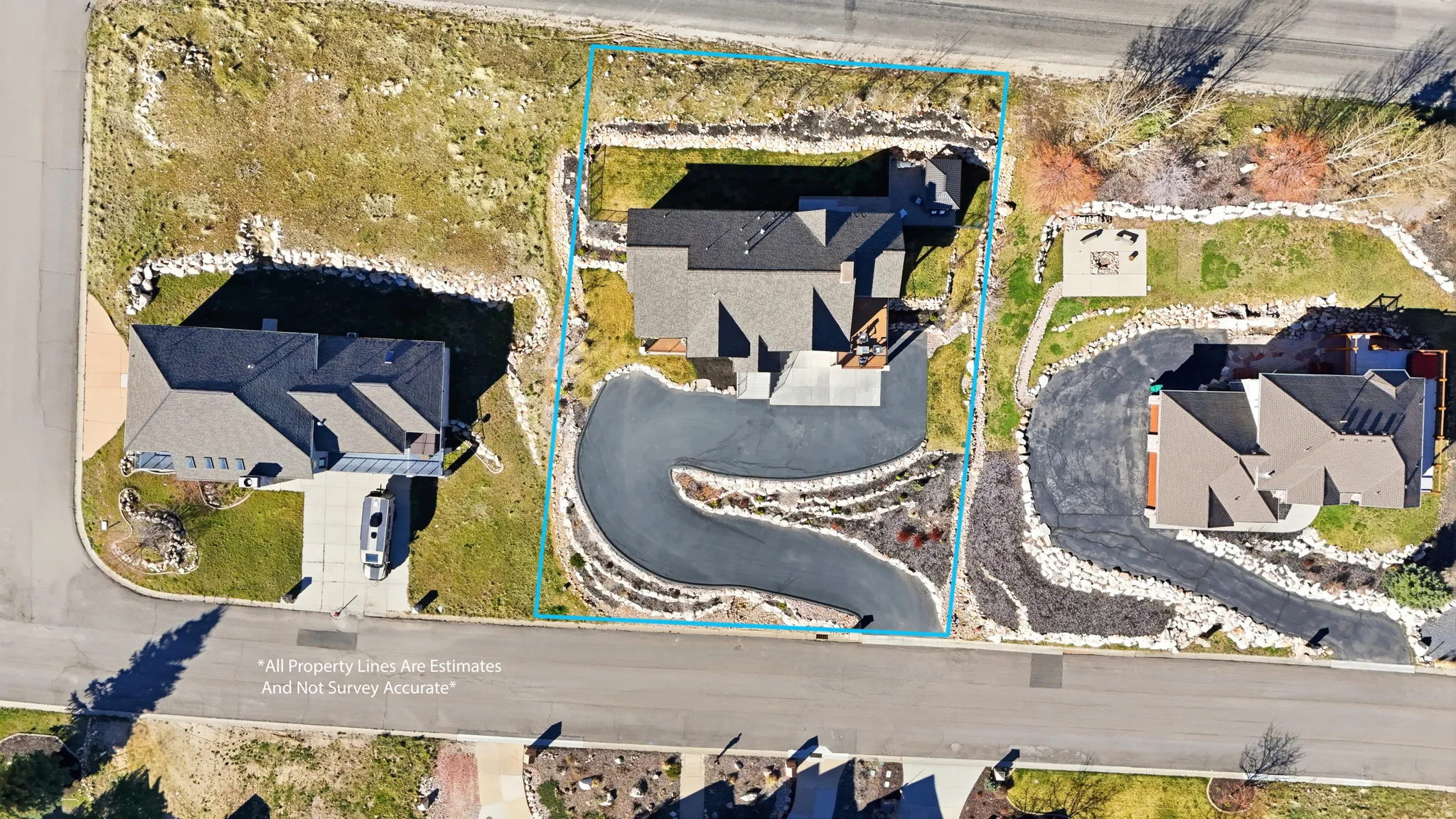 Aerial perspective of suburban area featuring property boundaries highlighted