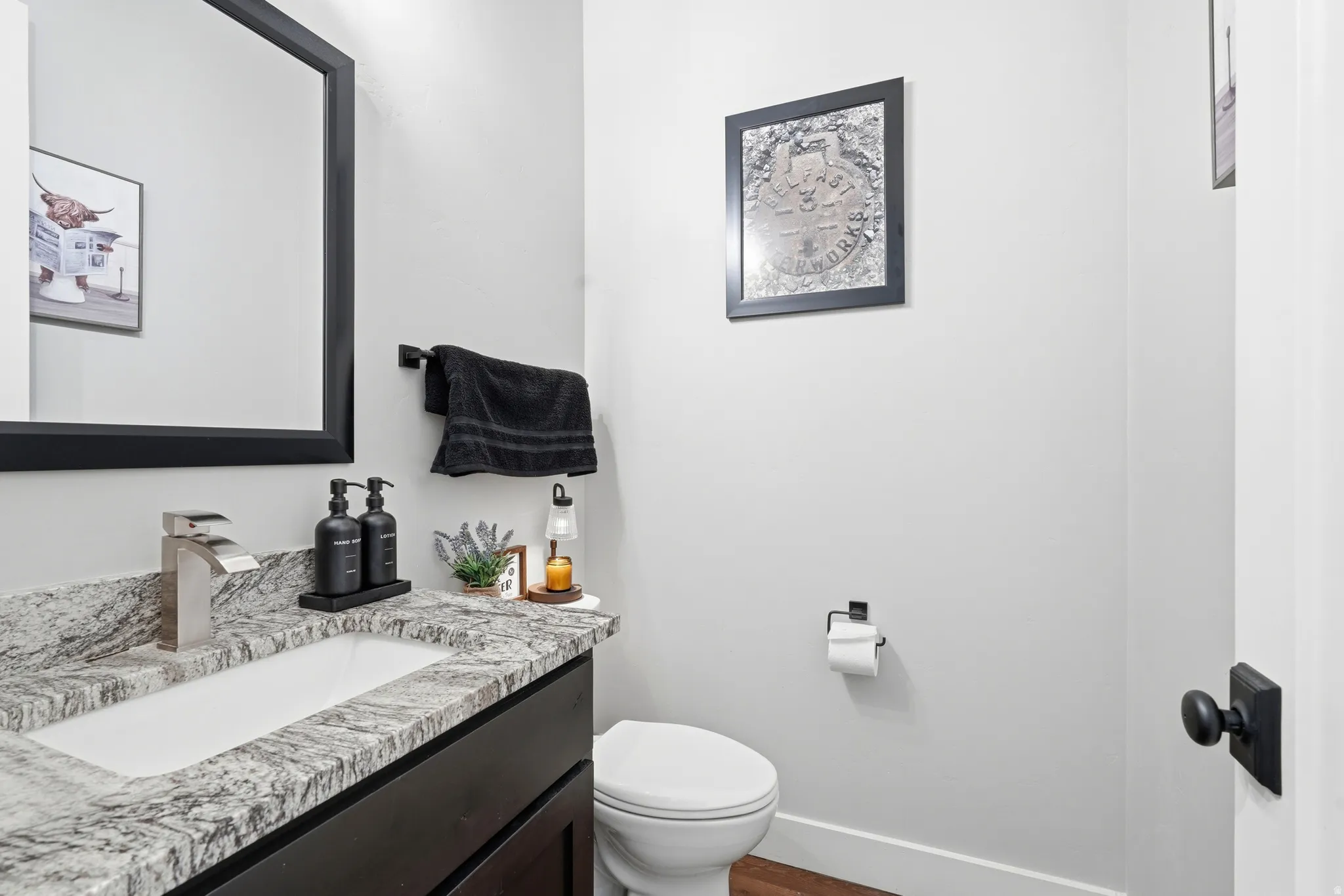 Bathroom with vanity and dark wood-type flooring