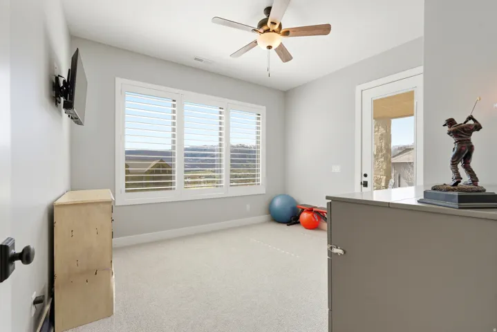 Exercise room featuring a ceiling fan, light carpet, and healthy amount of natural light