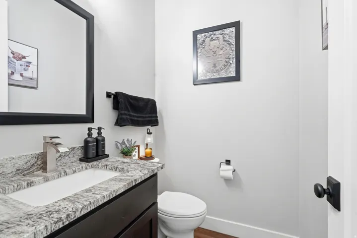 Bathroom with vanity and dark wood-type flooring
