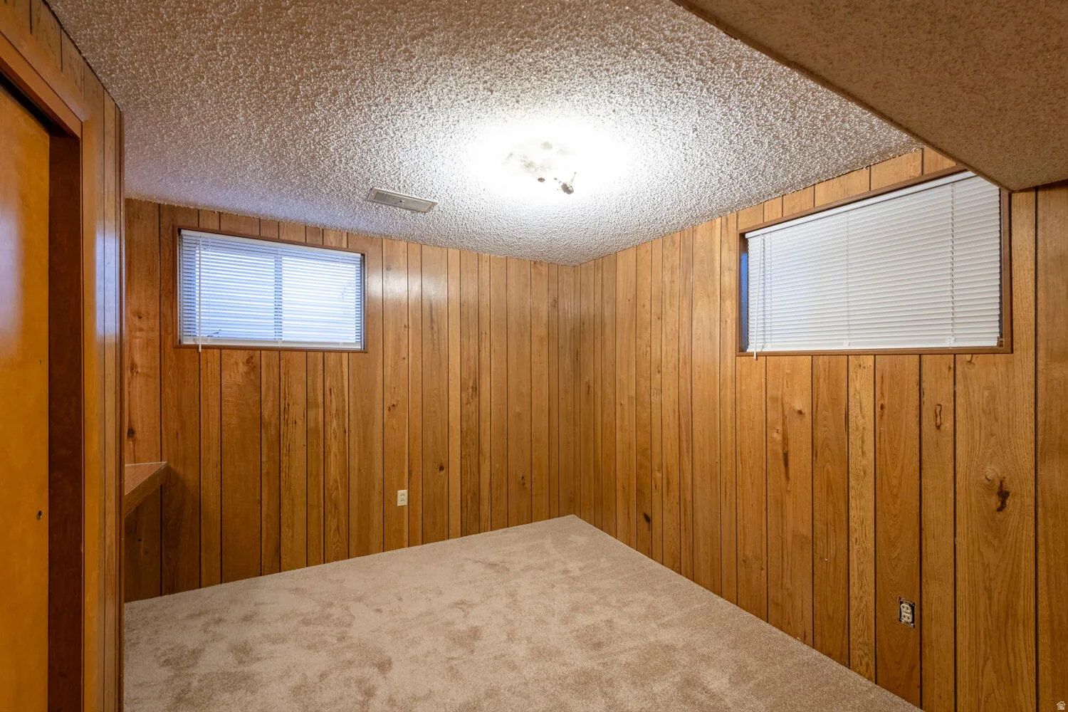 Unfurnished room featuring wood walls, carpet, and a textured ceiling