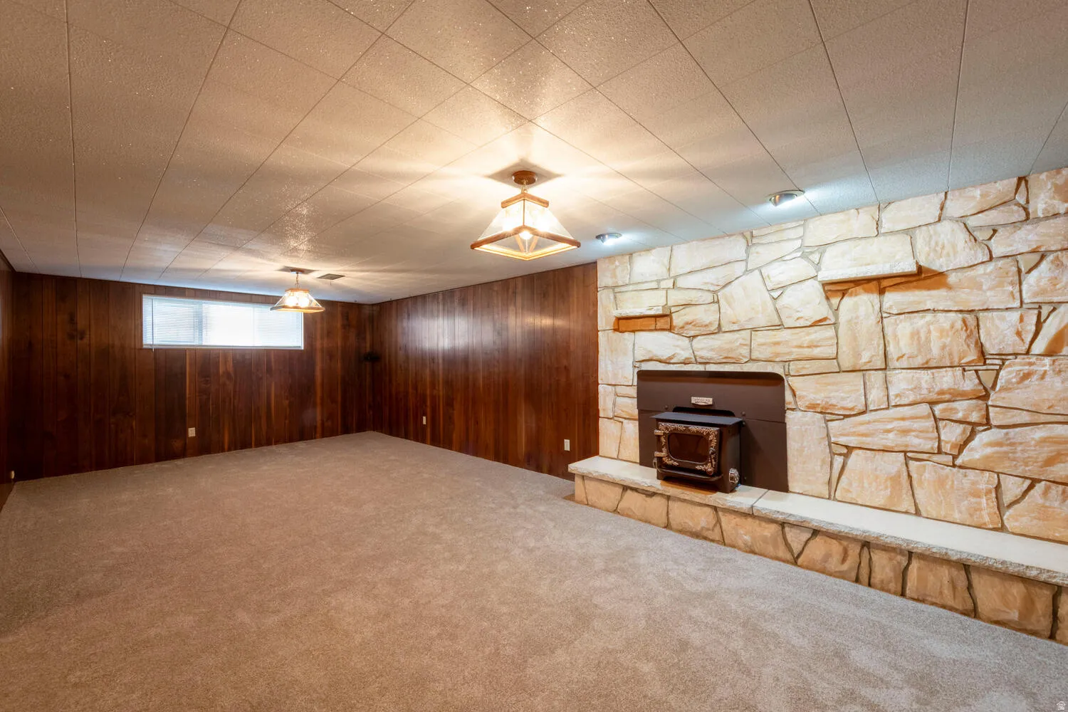 Below grade area with a wood stove, carpet, and wood walls