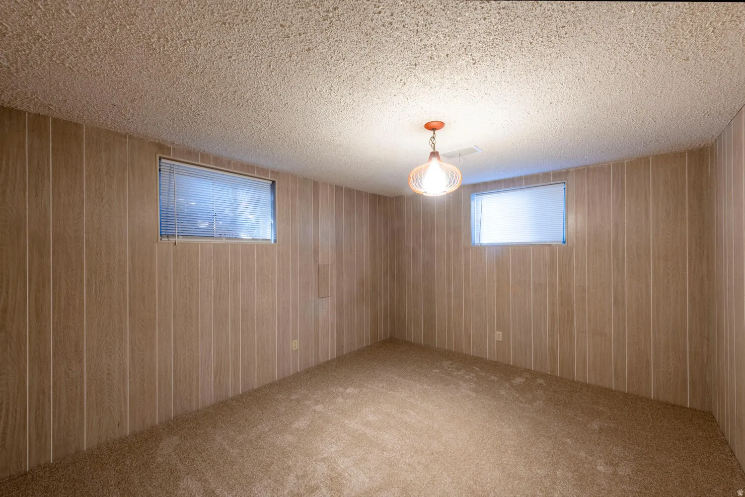 Basement with carpet, a textured ceiling, and wooden walls