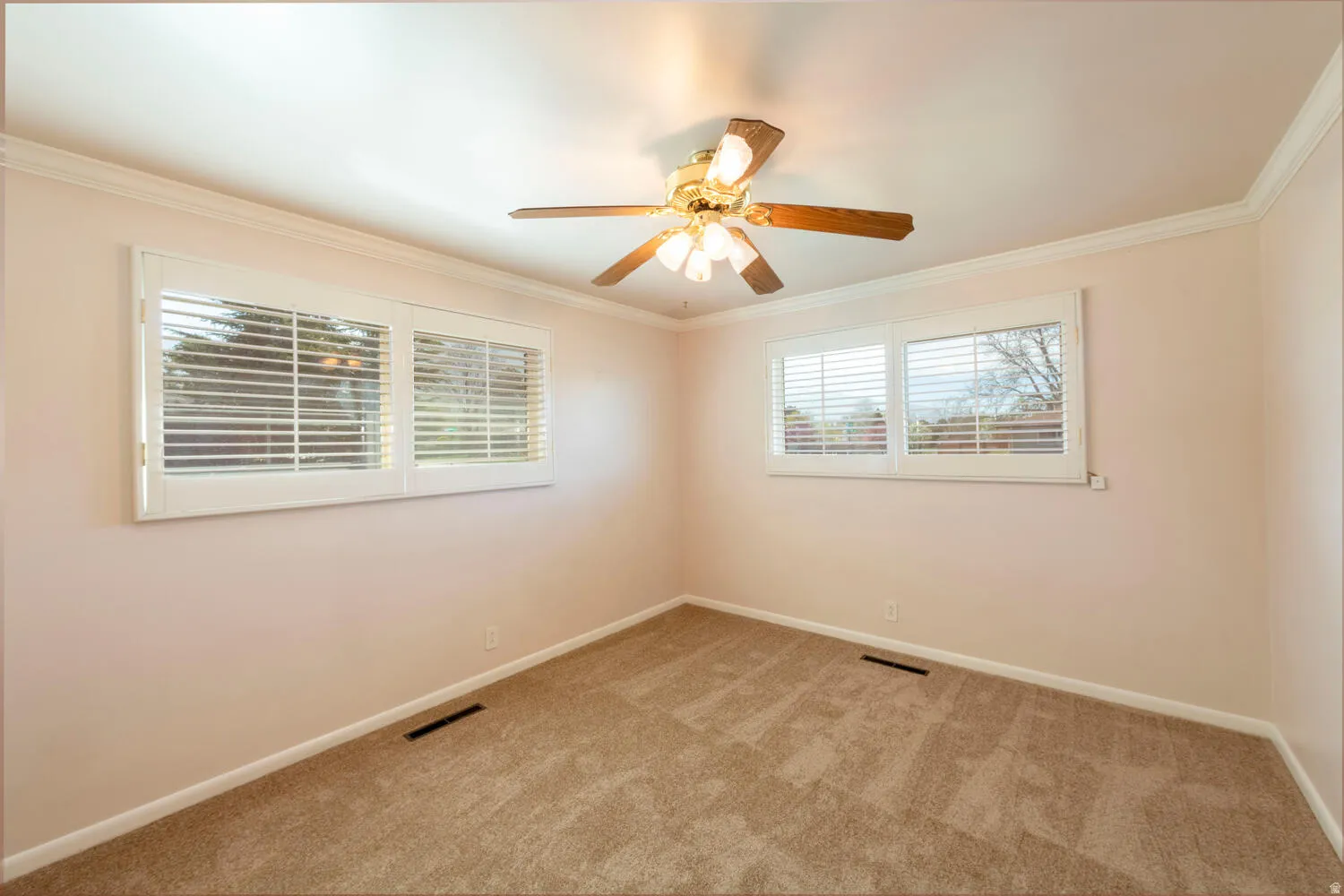 Spare room featuring ornamental molding, a ceiling fan, and light carpet