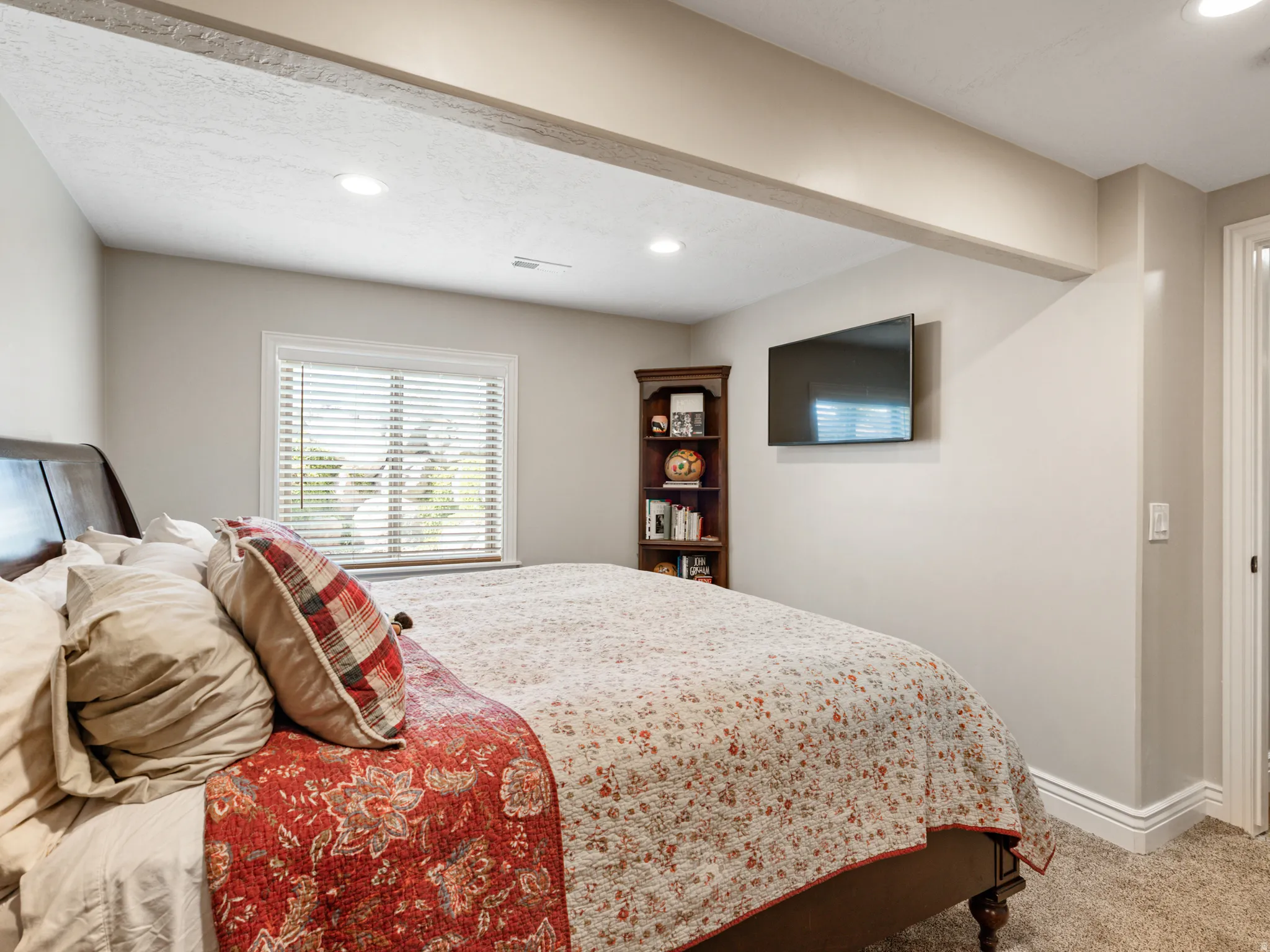 Bedroom featuring light colored carpet and recessed lighting