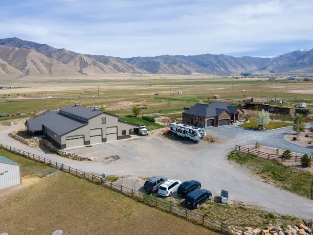 Overview of rural landscape with a mountain backdrop