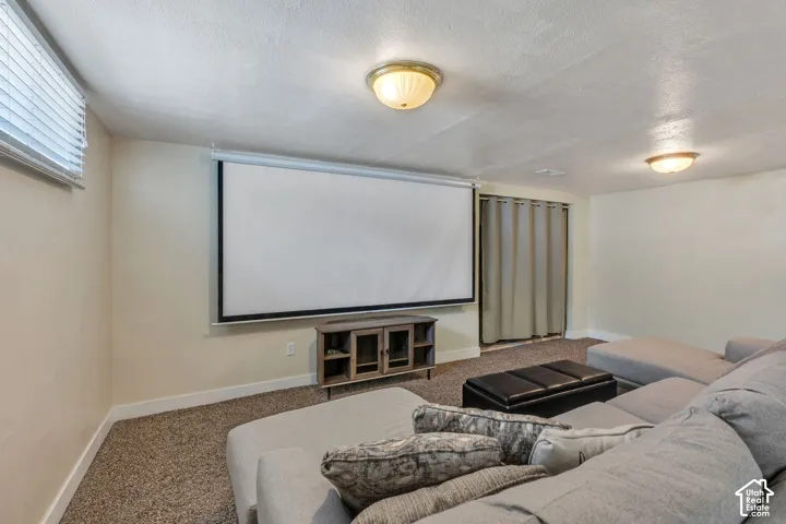 Entertainment space featuring a large projection screen, neutral carpeting, and a built-in media console