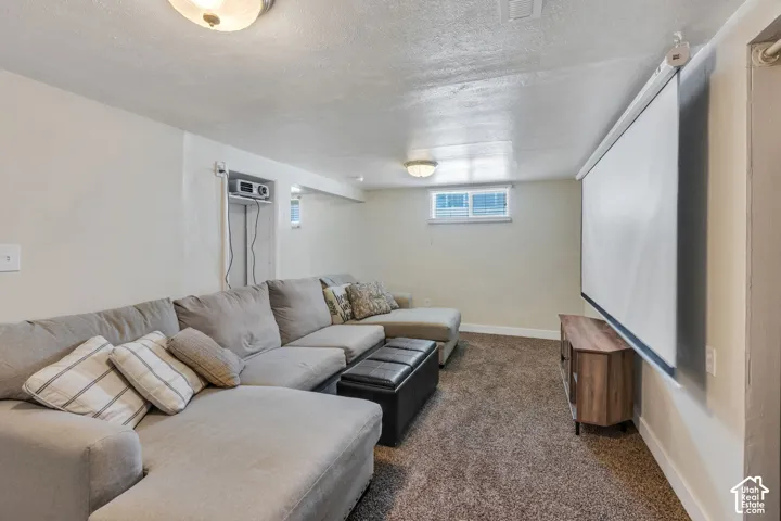 Lower-level entertainment space featuring a retractable projection screen, wall-mounted projector, and window with blinds