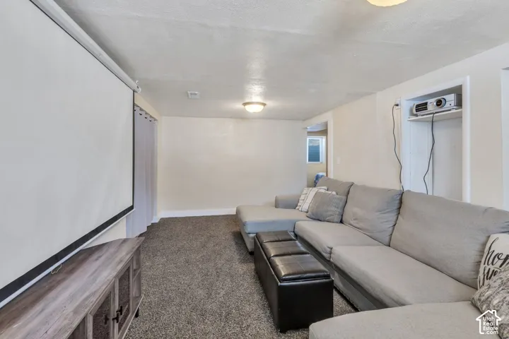 Entertainment room featuring a large projection screen, neutral carpeting, and a built-in projector alcove