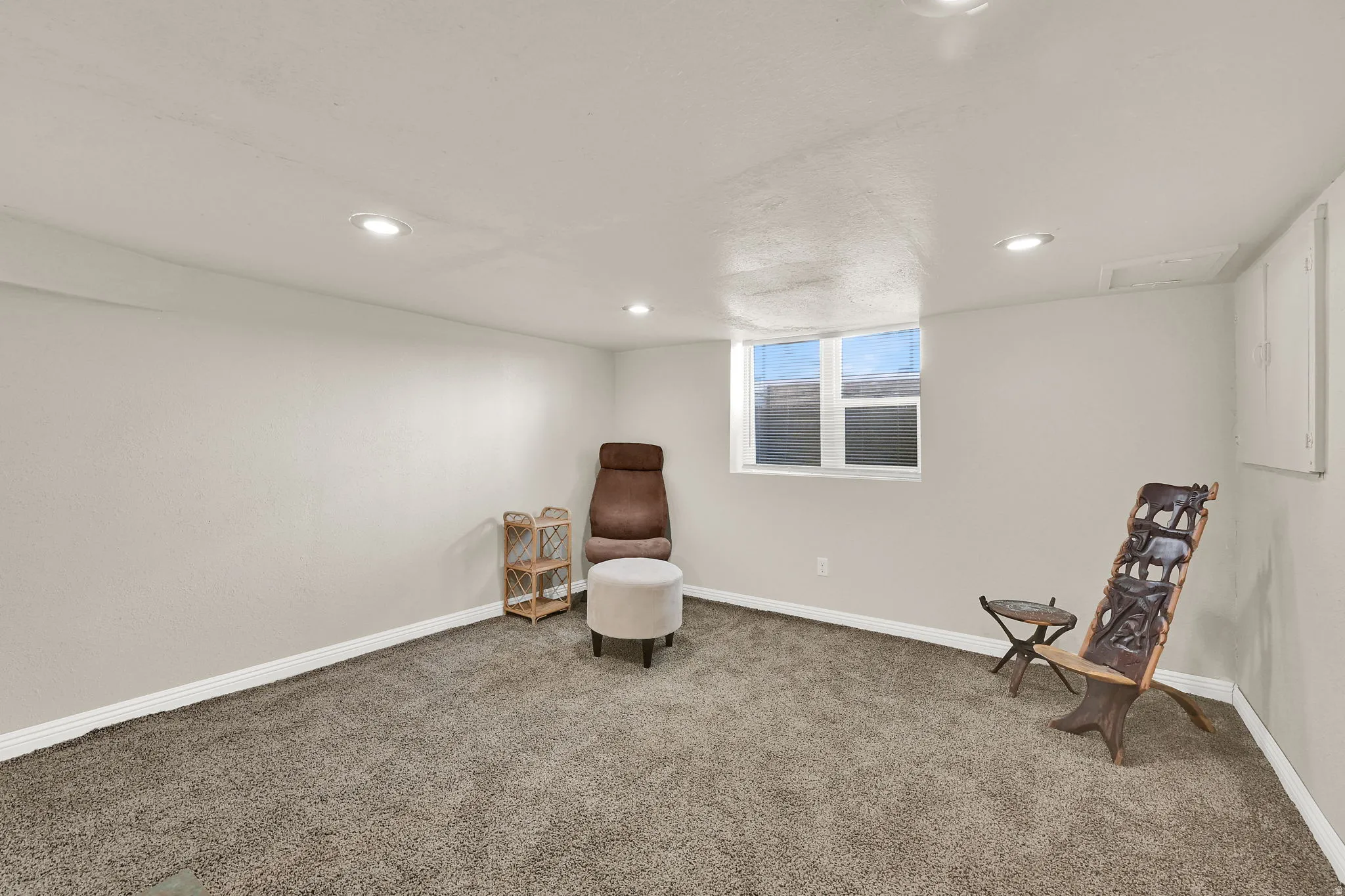 Basement bedroom with a large window and walk-in closet space.