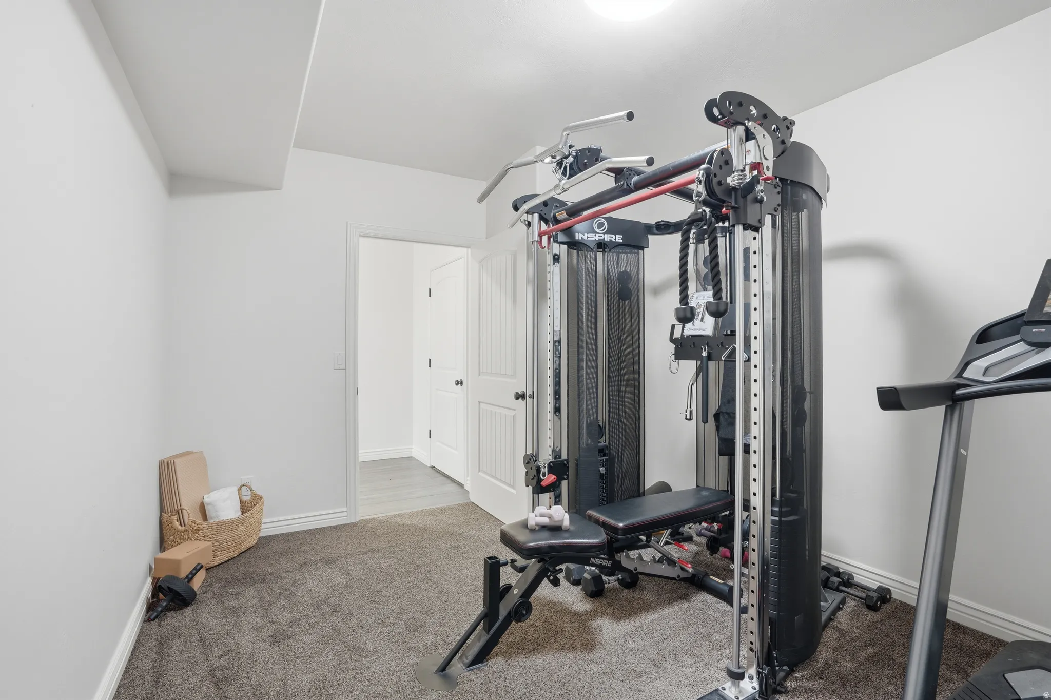 Workout area with light colored carpet