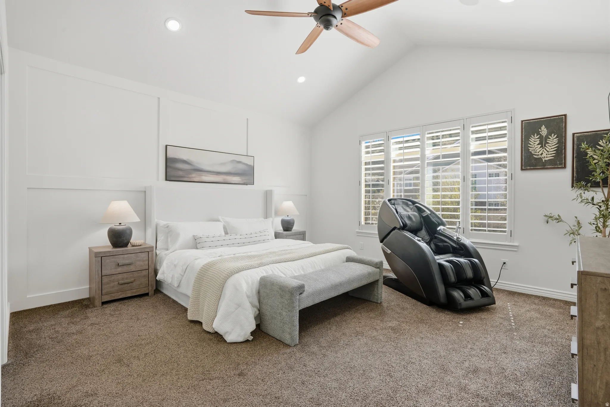 Carpeted bedroom featuring recessed lighting, ceiling fan, and lofted ceiling