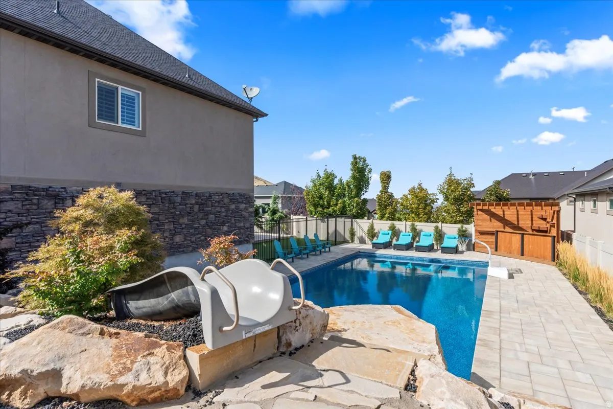 View of swimming pool featuring a fenced backyard and patio surround