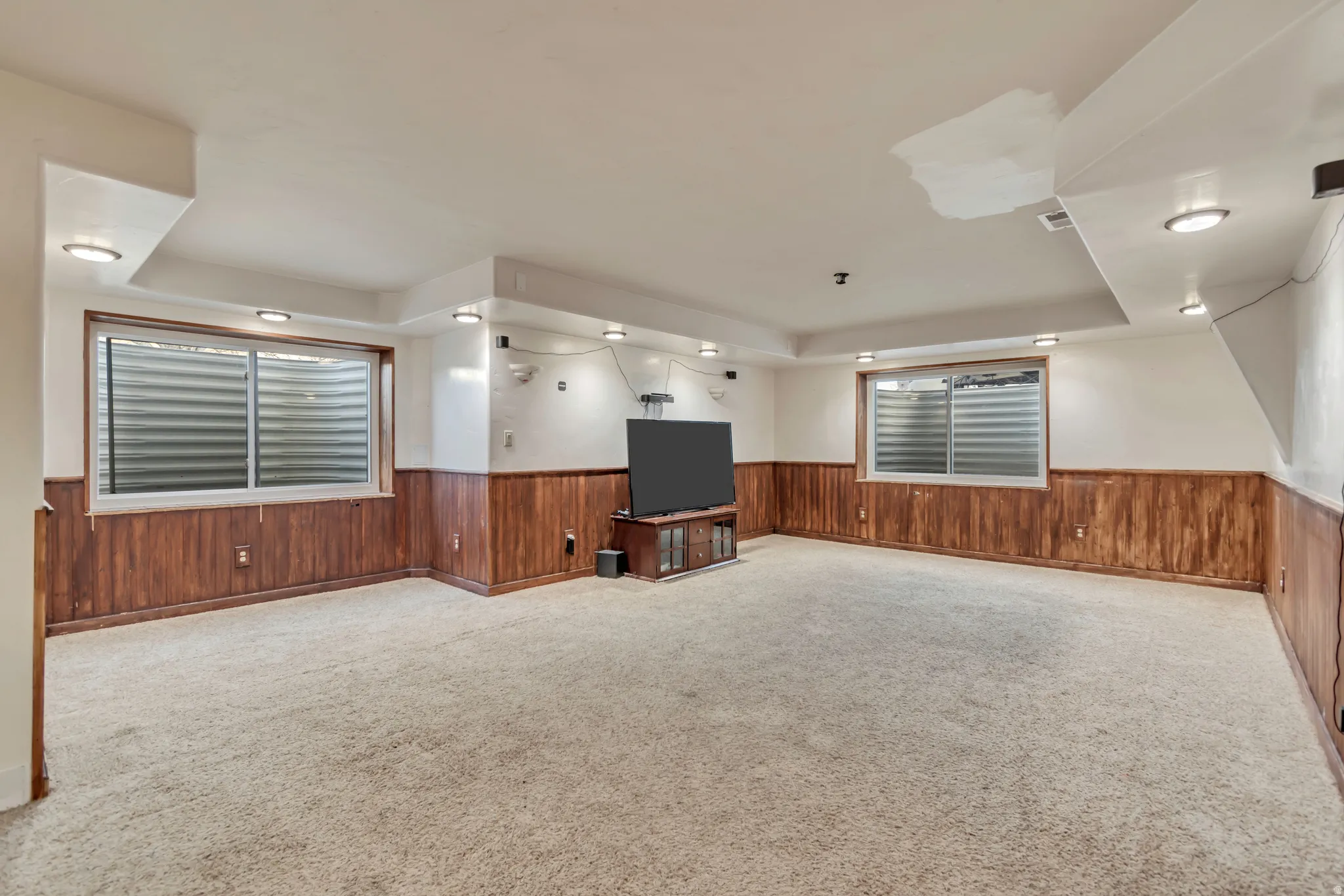 Spare room featuring wainscoting, light carpet, and wooden walls