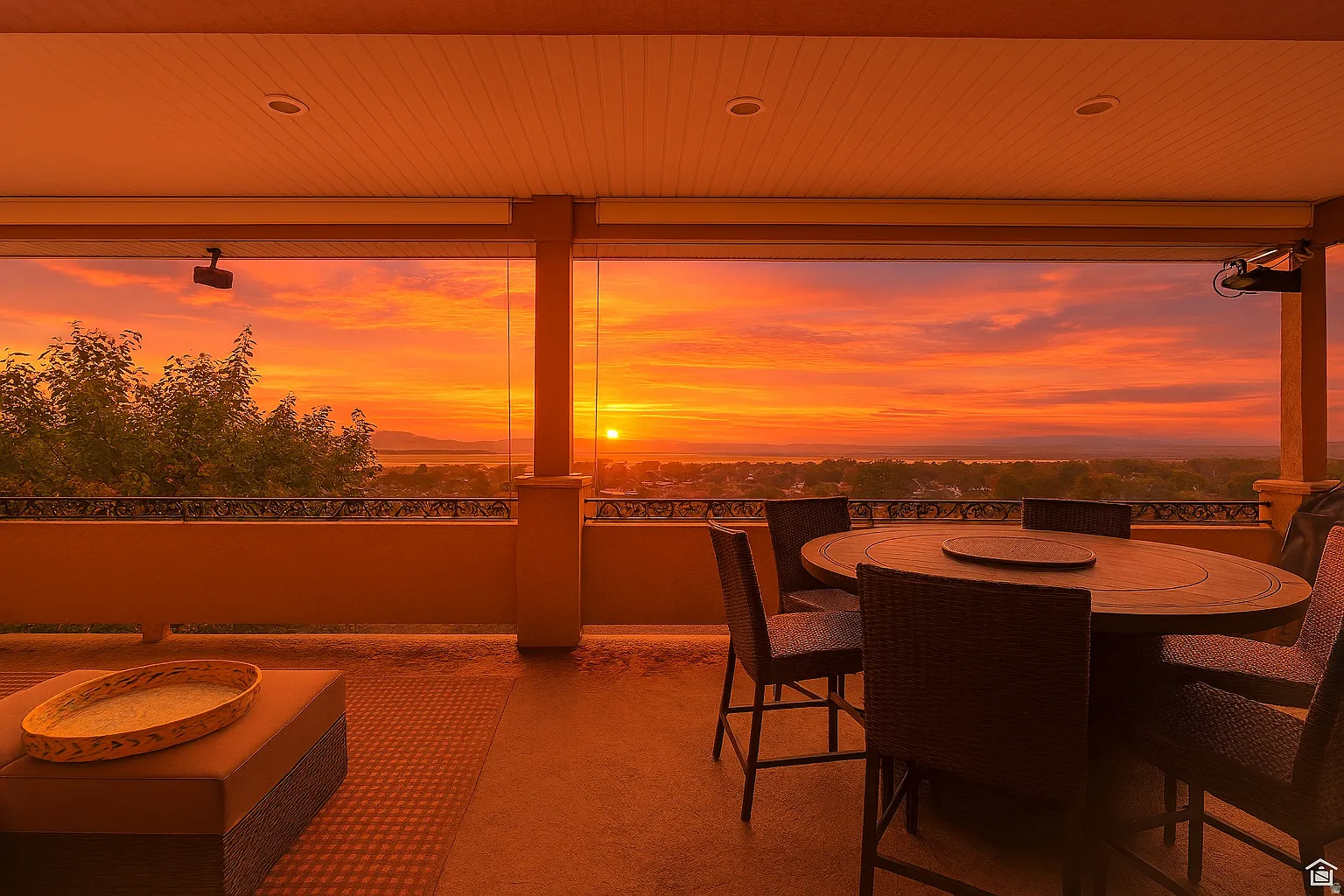 Covered outdoor patio with a visible sunset over distant mountains and a body of water, featuring recessed ceiling lighting, a textured ceiling, and a low wall with decorative railing