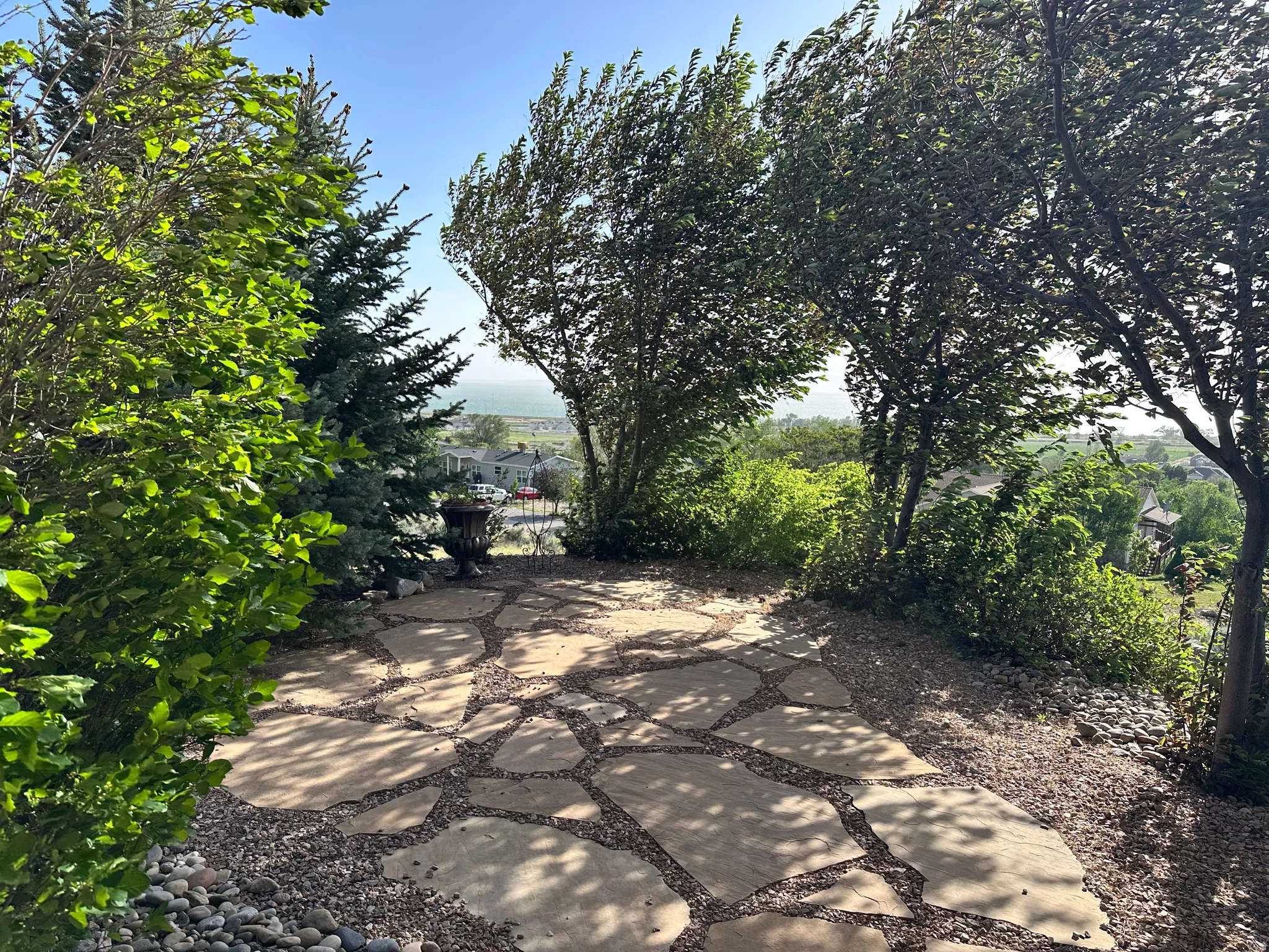 Rock patio offer views of the bay