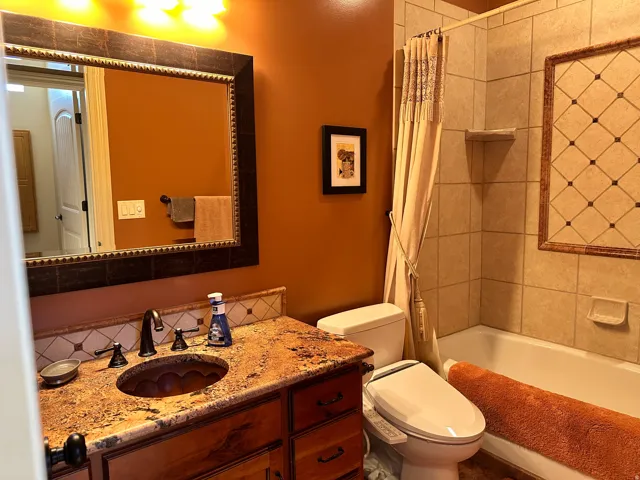Decorative tile tub surrond and granite counter with copper sink