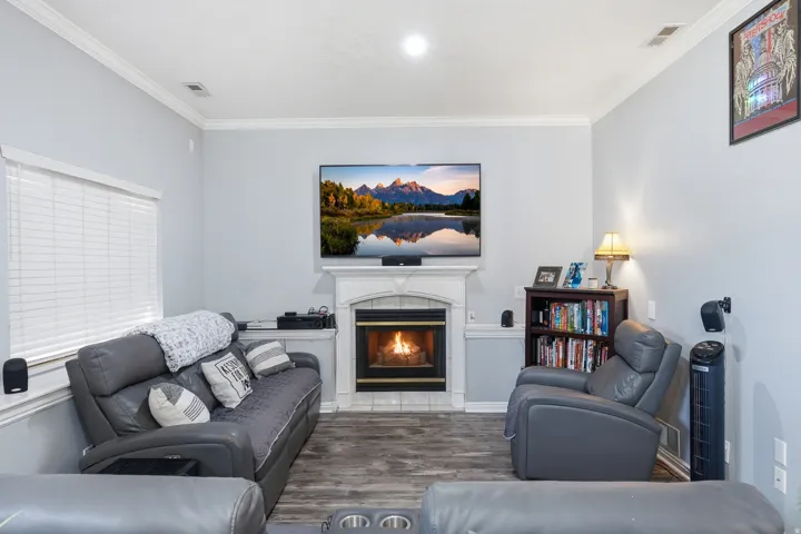 Living area with dark wood finished floors, ornamental molding, and a glass covered fireplace