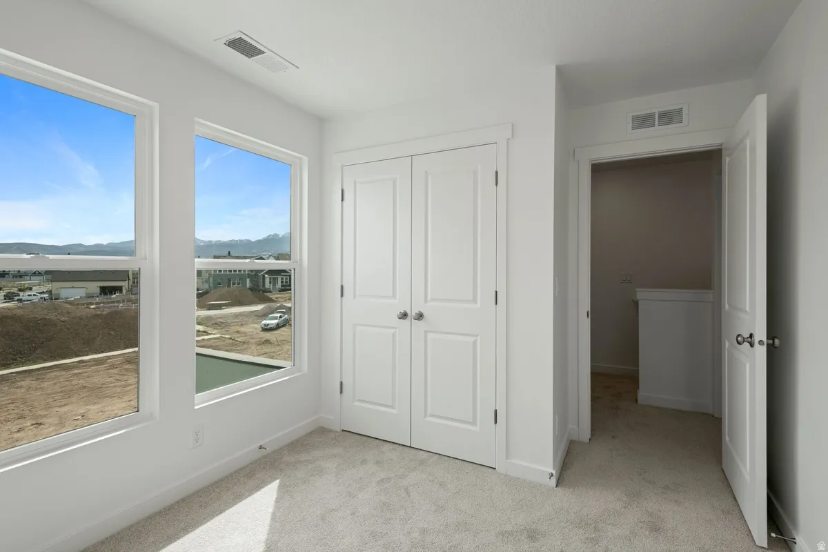 Unfurnished bedroom featuring light colored carpet, a closet, and a mountain view