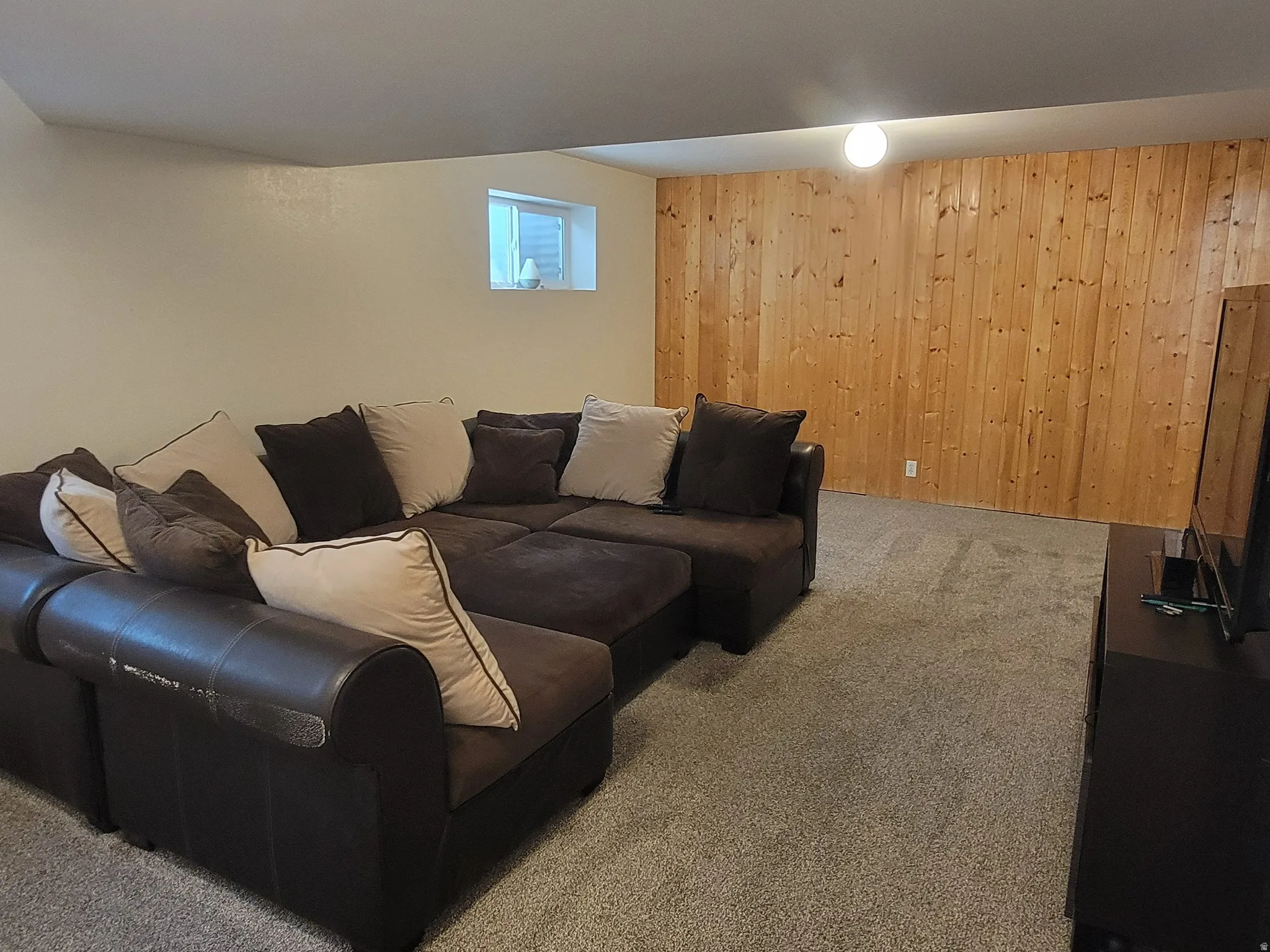 Living area featuring light colored carpet and wood walls
