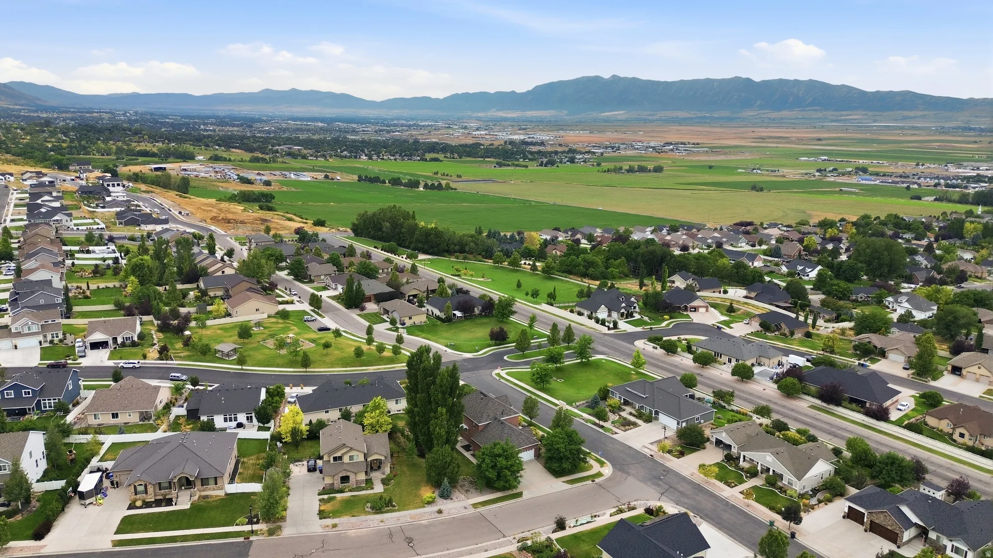 Spacious residential neighborhood with established green spaces, mature trees, and mountainous terrain in the background