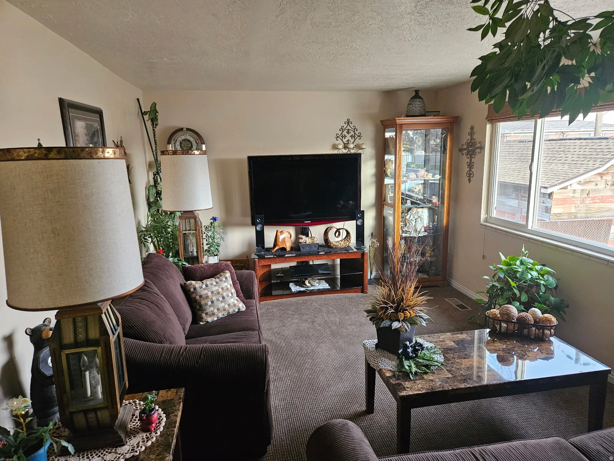 Living room featuring carpet floors and a textured ceiling