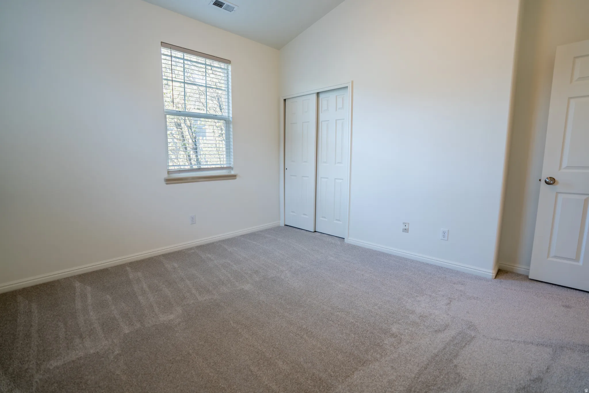 Unfurnished bedroom featuring lofted ceiling, light colored carpet, and a closet