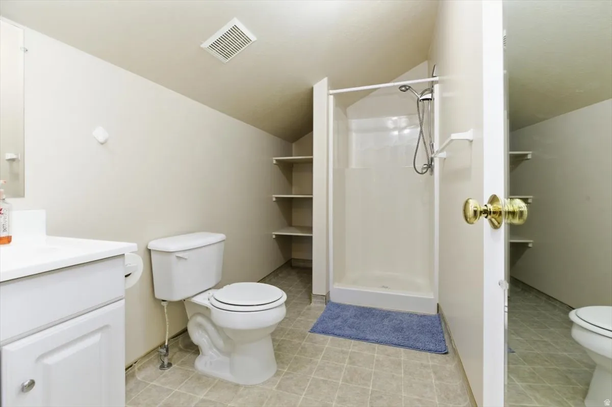 Bathroom with vanity, a shower stall, and lofted ceiling