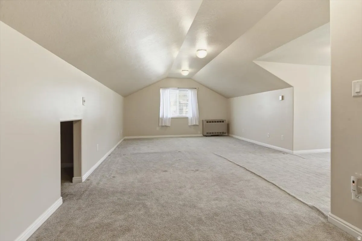 Additional living space featuring carpet and radiator