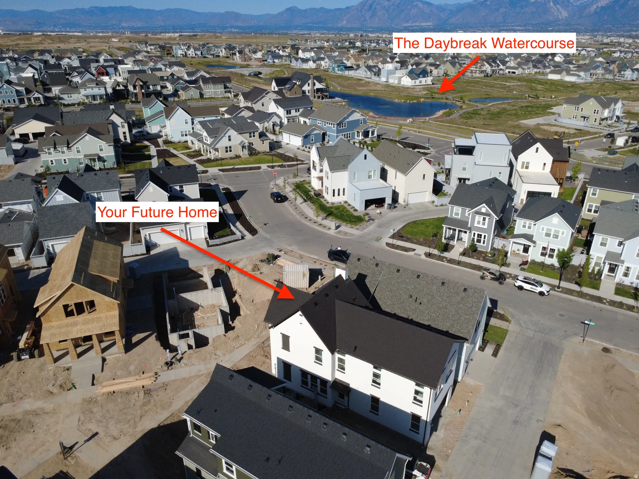 Developing residential neighborhood featuring diverse architectural styles and tree-lined streets