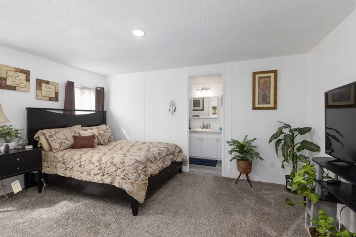 Carpeted bedroom featuring a textured ceiling and ensuite bathroom