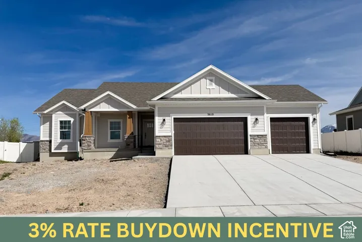 Single-level exterior featuring horizontal siding, stone veneer accents, a covered front porch, and a three-car garage