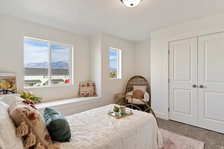 Carpeted bedroom with multiple windows, a closet, and a mountain view