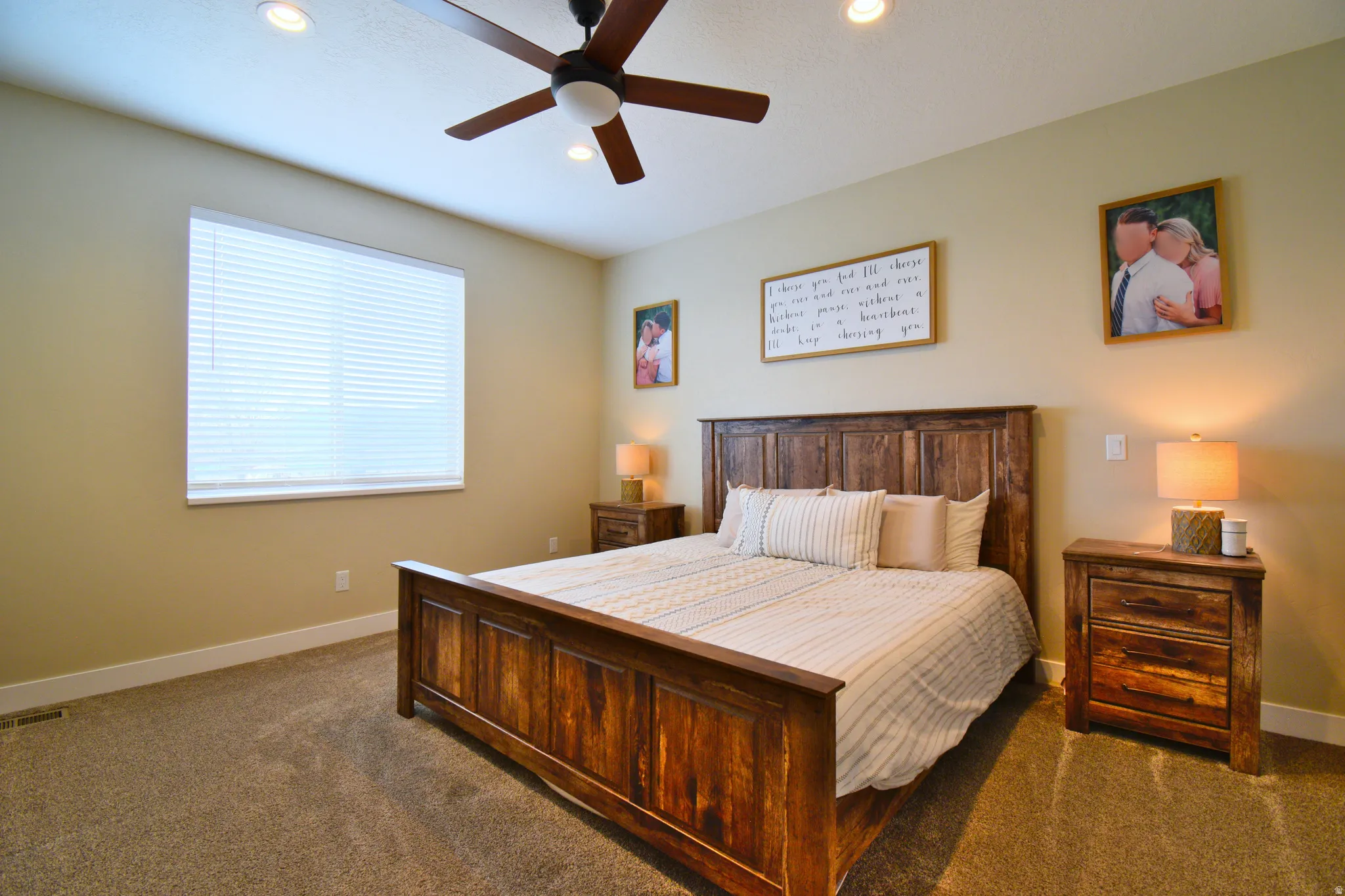 Bedroom featuring carpet floors, recessed lighting, and a ceiling fan