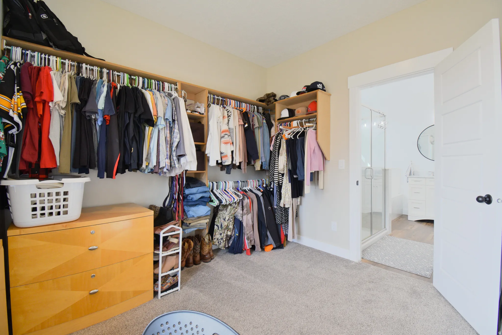 Walk in closet featuring light carpet