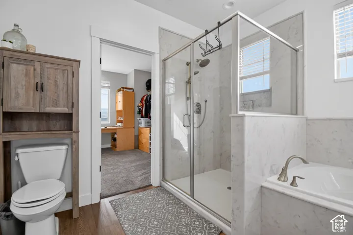 Bathroom featuring a glass-enclosed shower, a built-in soaking tub with brushed nickel fixtures, and a toilet with an over-the-toilet wood-finish cabinet