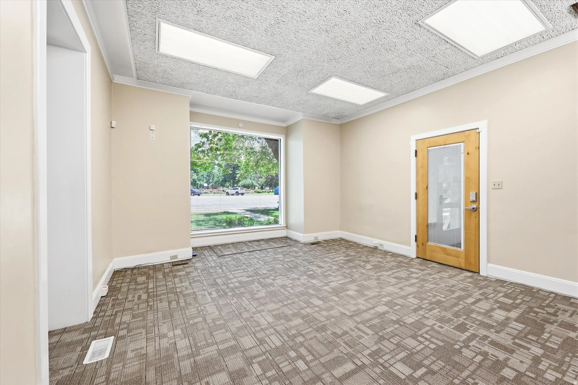 Spacious room with patterned carpet flooring, large street-facing window, recessed lighting, and a wood-frame door with frosted glass paneling