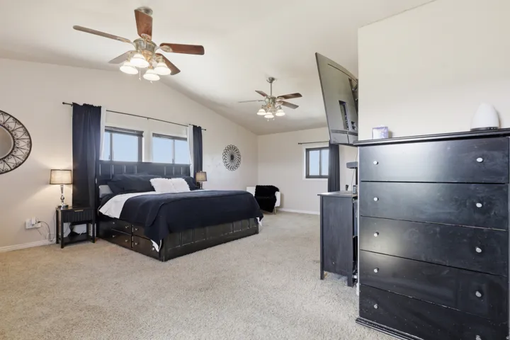Bedroom with ceiling fan, light carpet, and multiple windows