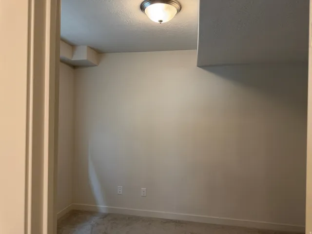 Unfurnished room with a textured ceiling and light carpet