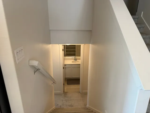 Staircase with carpet and baseboards